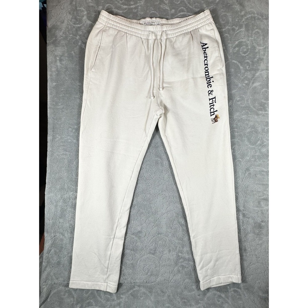 Abercrombie & Fitch Men Large Ivory Soft Fleece Logo Sweatpants Straight Leg Y2K
